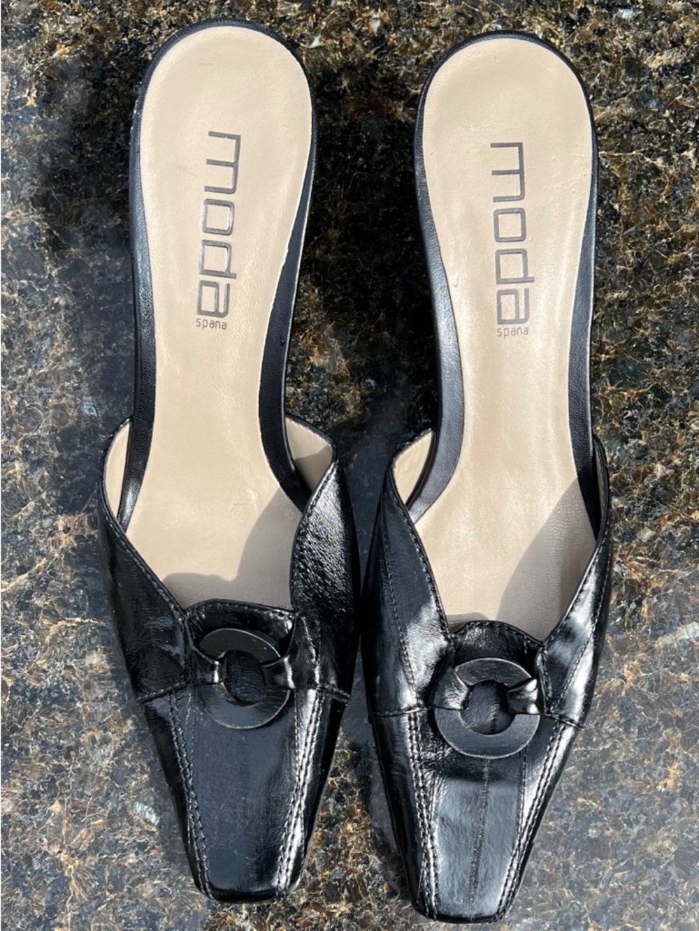 Moda Spana Black Patent Slip-On Mule with Ring Accent